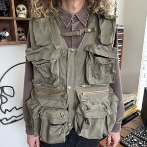 Vintage 60s 70s Handmade Green Tactical Fishing Vest ~ Size Large